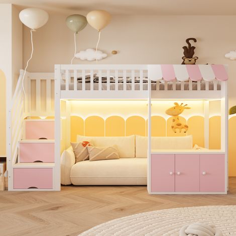 DESVIAE Lit mezzanine enfant 90 x 200 cm en bois avec escalier de rangement espace de rangement sous lit éclairage LED multicolore rose et blanc (1/5)