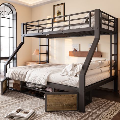 Cama litera infantil con zapatero y estantes, 204x145x159.5 cm, metal y MDF, negra (1/5)