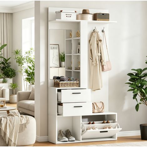 MODFU – Mobile ingresso 90x30x180 cm in MDF bianco con specchio, scarpiera, 2 cassetti e ganci – Bianco (1/5)