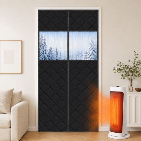 HEMVOR Rideau de porte thermique magnétique 420 g/m² 90 x 210 cm avec fenêtre PVC fermeture automatique Noir (1/5)