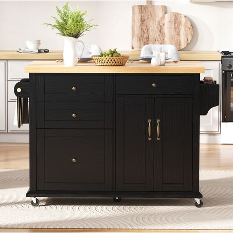 Mobile cucina con ruote e piano estensibile, MDF nero e naturale, DESVIAE (1/5)