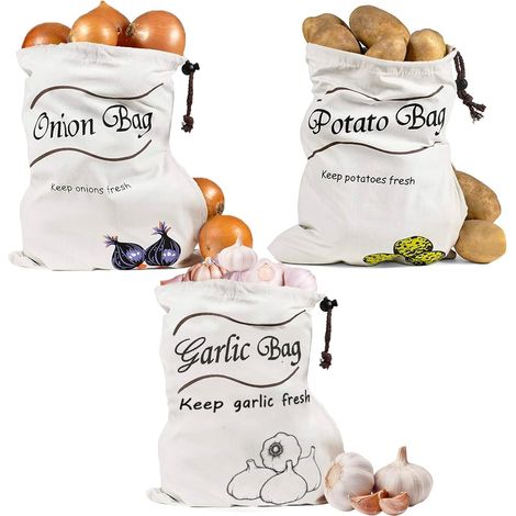 Sac Rangement Pomme de Terre Oignon Ail, Coton Sac Pomme de Terre Conservation Avec Fermeture à Glissière Latérale Sac a Pomme de Terre Conservation Sac Rangement Oignon Conservation 3pcs (26 35cm) (1/5)