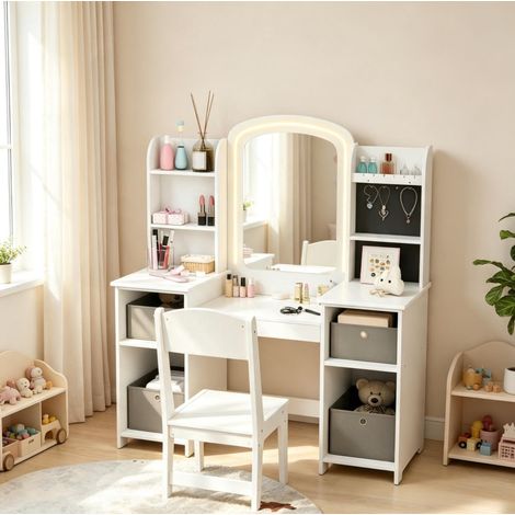 Coiffeuse enfant avec miroir LED, fauteuil et rangements, meuble de maquillage blanc en MDF pour filles de 3 à 8 ans, jeu d’imitation chambre – CHICFURN (1/5)