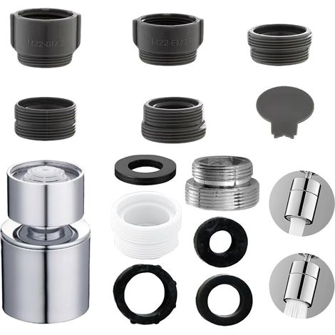 Aérateur comprend Embout Robinet Cuisine Modes, Mousseur Robinet avec Aerateur, Mitigeur Evier Cuisine Tete de Rotative pour Robinets d'Évier de Cuisine (Adaptateur 18mm vers 22mm) (1/5)