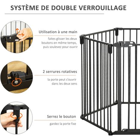 Barrière de sécurité barrière de protection cheminée parc enclos chien pliable modulable 6 panneaux avec porte sans perçage 362,5 x 76 cm noir (1/4)