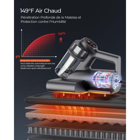 Aspirateur Matelas Anti Acariens, 2 Vitesses (14 kPa/18 kPa) Aspirateur à Main avec Détection de poussière via Green Light, Lumière UV-C, écran LED, Filtre HEPA, Chaleur à 65°C pour Matelas,Textiles (1/5)