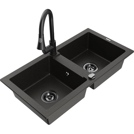 Mexen Mario Granitspüle 2-Becken mit Küchenarmatur Elia, schwarz/gold metallic - 6504-75-670101-70-B (1/5)