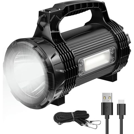 Lampe Torche LED Rechargeable - Lampe de Poche Puissante avec 8 Modes D'éclairage, 3000 lumen, IP65 Étanche - Lampe Torche Puissante avec Câble USB, Bandoulière pour Le mien/Camping/Urgence