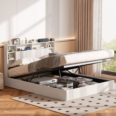 Lit coffre 160x200 cm, Lit double adulte avec rangement hydraulique et station de charge USB LED, Tête de lit capitonnée en lin avec étagères, Beige (1/5)