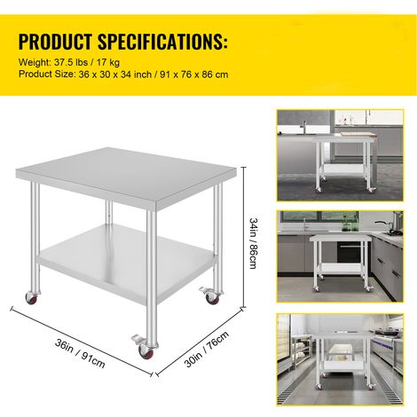 Mophorn Arbeitstisch aus Edelstahl, 91,4 x 76,2 x 86,4 cm, 318,8 kg Tragkraft, mit 4 Rädern, 3 einstellbaren Höhenstufen, robuster Arbeitstisch zur Lebensmittelzubereitung für gewerbliche Küchen