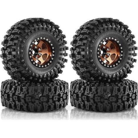Ensemble de 4 jantes Beadlock en métal de 98 mm (1,9 pouce) avec pneus en caoutchouc pour voiture RC Crawler 1/10 TRX4 D90 D110 Axial SCX10, bronze (1/5)