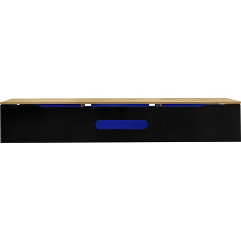 TV-Lowboard 180 cm schwarz mit Holzoptik und LED-Beleuchtung, Wandmontage (1/5)