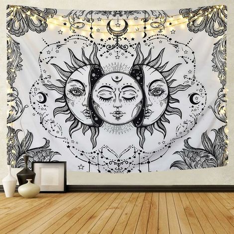 Tapisserie Psychédélique Soleil Et Lune Tapisserie Noir Et Blanc Chambre Studio Décor (Blanc, 148 X 200 Cm) (1/5)