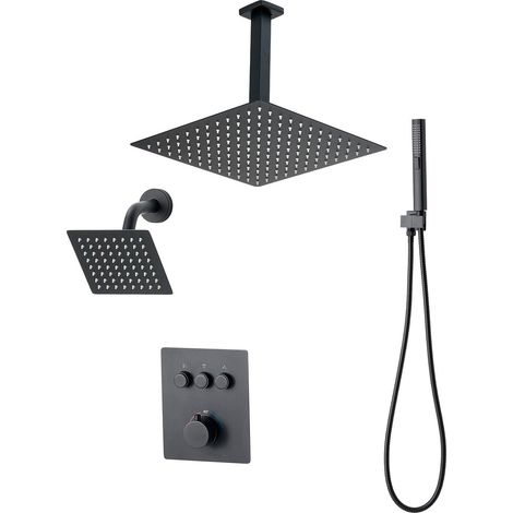Thermostat-Duschsystem in Mattschwarz mit 305-mm-Kopfbrause, 152-mm-Wandbrause, 2-in-1-Handbrause und 3 Funktionen (1/5)