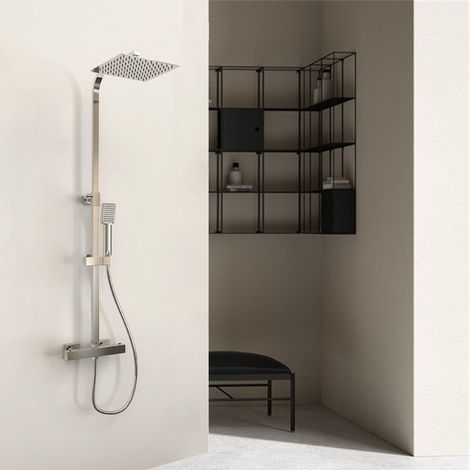 Aica Columna de Ducha termostática 38℃, Alcachofa de Baño, Rociador cuadrado en cromo con Grifo y manguera de acero inoxidable, Ducha Lluvia (1/5)