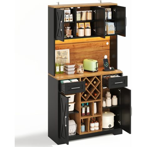CHICFURN Armadio da cucina alto 105x40x180 cm in MDF naturale e nero con LED e portabottiglie (1/5)