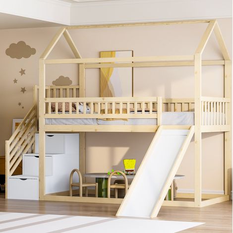 Letto rialzato bambini 90x200 cm a casetta con scivolo e scala portaoggetti, in legno, senza materasso, bianco e naturale (1/5)