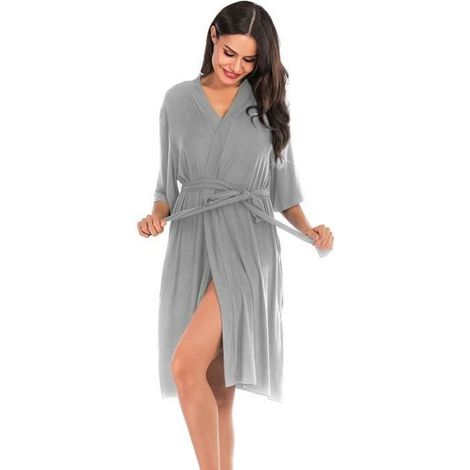Peignoir de bain - Femmes - Coton Modal - Col V - Gris - Taille M (1/4)