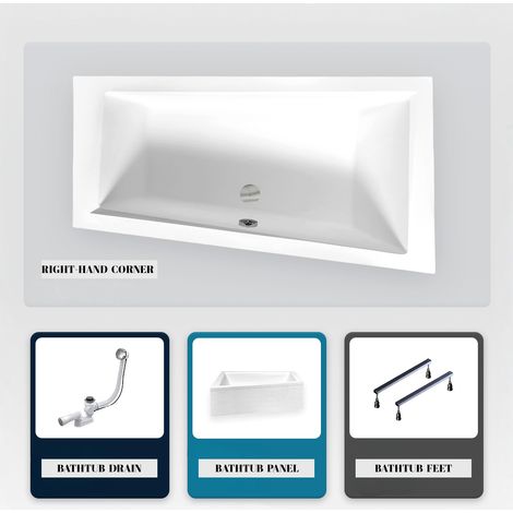 Asymmetrische Badewanne - 160 x 90 cm - Rechts - mit Verkleidung - mit Füßen - Ablaufgarnitur Chrom - INTIMA