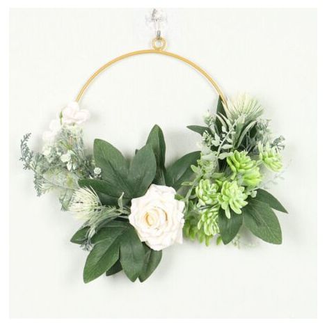Couronne décorative avec anneaux en métal - 30 cm - Design circulaire - Couronne murale eucalyptus - Pour l'extérieur, mariage, maison - Vert (1/5)