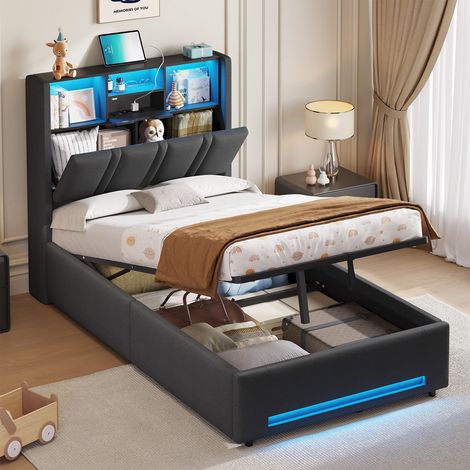 Lit Coffre 90x190 Entièrement Rembourré 90x190 Gris avec Rangement – Sommier Relevable à Vérin, Tête de lit LED & Prises USB/Type-C – pour Enfant, Ado, Adulte (1/5)