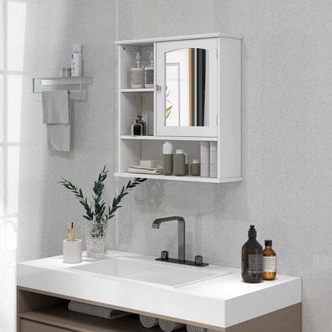 Meuble de salle de bain avec miroir, grand espace de rangement, meuble mural avec étagère intérieure réglable et étagères ouvertes, 60 x 18 x 63 cm, blanc (1/5)