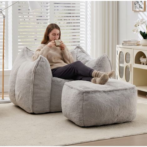 Poltrona pouf adulto 123x97x73 cm grigia con poggiapiedi, tessuto peluche MEUBLIV (1/5)