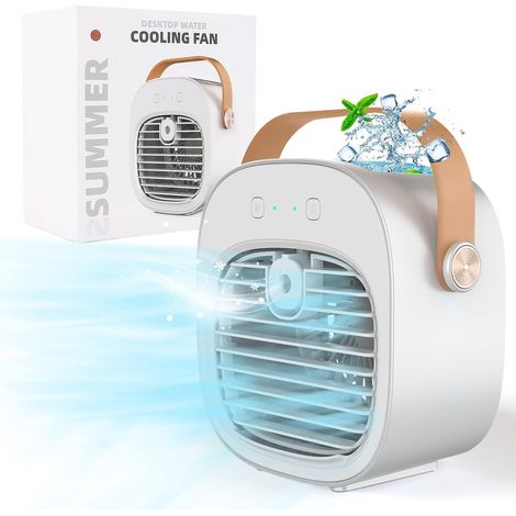 Refroidisseur d'air Portable, Mini Climatiseur Personnel, Petit Refroidisseur Évaporatif 2 en 1 avec Poignée/Humidificateur/Ventilateur 3 Vitesses – Pour Voyage, Bureau (1/5)