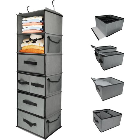 Organiseur de placard robuste à suspendre avec 4 types de tiroirs fonctionnels, étagère pliable à suspendre avec 3 poches de rangement latérales, support de suspension à 6 niveaux (1/5)