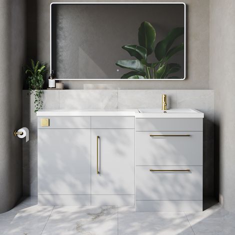 Napoli 390 Gloss Grey Pearl 1500mm 2 Drawer Vanity Unit Toilet Suite with Right Hand Square Lucia Basin - 1500mm - Brushed Brass 320mm HandleWithout Kingston Toilet Pan
