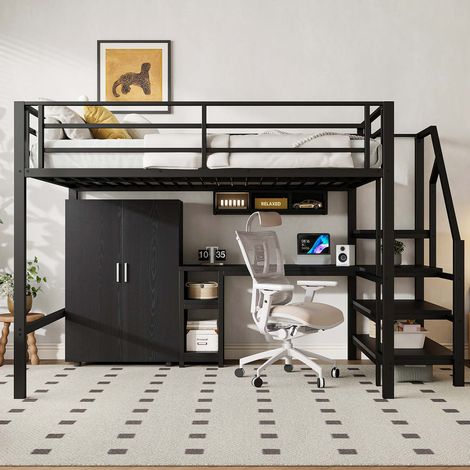 Lit mezzanine 140x200 cm avec bureau, armoire, étagères et escalier avec rangements, structure métal et MDF, noir, sans matelas (1/5)