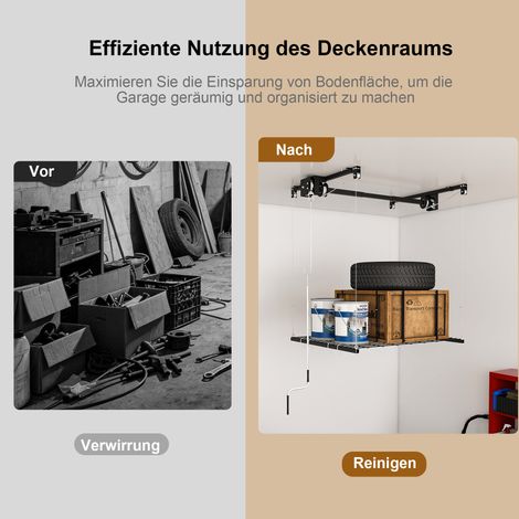 Support de rangement de garage à manivelle, étagère de plafond en acier 1,2x1,2 m pour pièces hautes de 3 à 3,6 m, charge max 113 kg, verrouillage manuel de sécurité, organisateur robuste – fixation r