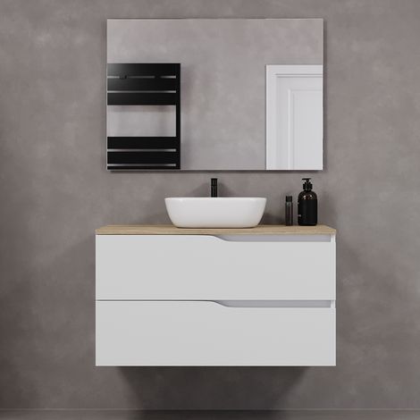 Meuble de salle de bain 100cm avec plateau miel et vasque à poser zeus - 2 tiroirs - blanc - LUNA (1/5)