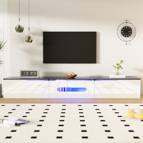 Meuble TV noir et blanc de 180 cm, finition brillante, avec éclairage LED 16 couleurs, montable au mur (1/5)