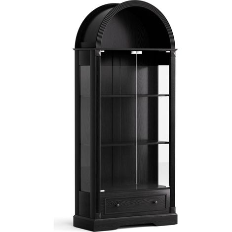 Vitrina arqueada negra de 180 cm con puertas de cristal y cajones, MDF y vidrio templado (1/5)