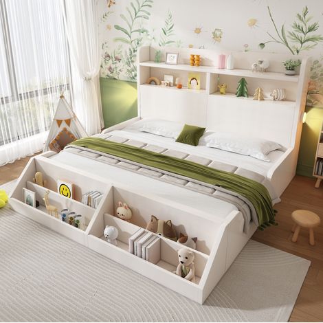 Doppelbett 140x200 cm Weiß aus Holz mit Ablageflächen, abnehmbarem Bücherregal und Nachtlichtern (1/5)
