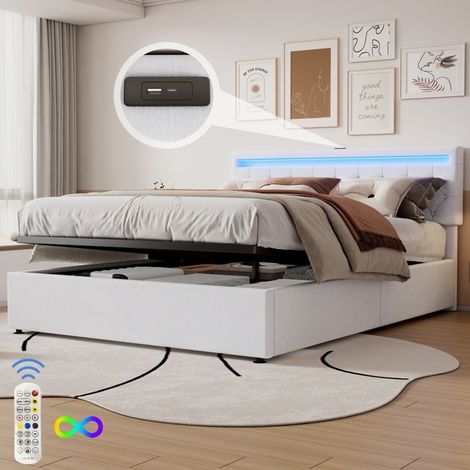 Lit coffre - SINGULARITY - Lit coffre 160x200 - LED intégrée télécommandée - Ports USB & Type-C - Lin/MDF (1/5)