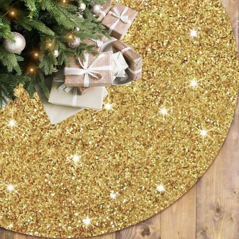 Jupe de sapin de Noël dorée à paillettes scintillantes - Jupe de sapin de Noël ronde en velours pour Halloween - Jupe de sapin de Noël dorée brillante pour sapin de 1,2 m - Tapis de sirène (1/5)