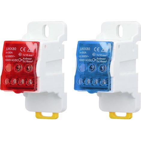 Set of 2 DIN rail terminal blocks, blue and red DIN wire connectors UKK 80A, suitable for distribution boxes. (1/5)