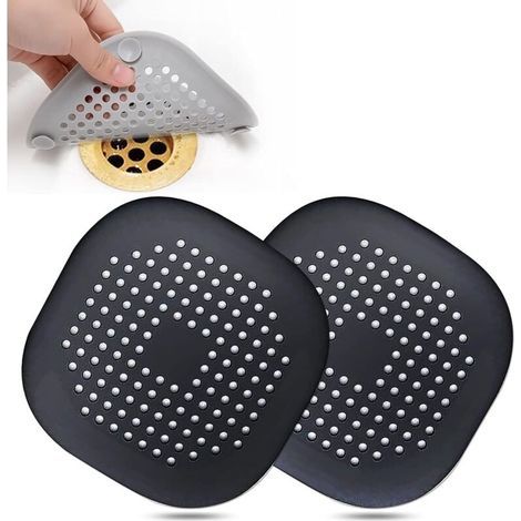 Hair drain catcher, square shower drain cover, silicone hair stopper with suction cup, easy to install for bathroom, bathtub, kitchen, 2-pack (black) (1/5)