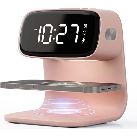 Reloj despertador digital con estación de carga rápida inalámbrica,junto a la cama y para personas con sueño profundo (rosa) (1/5)