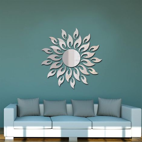 JSSEVN - 3D mirror wall sticker sunflower, sun pattern, wall sticker, round flower, sunflower, removable acrylic (silver) (1/4)