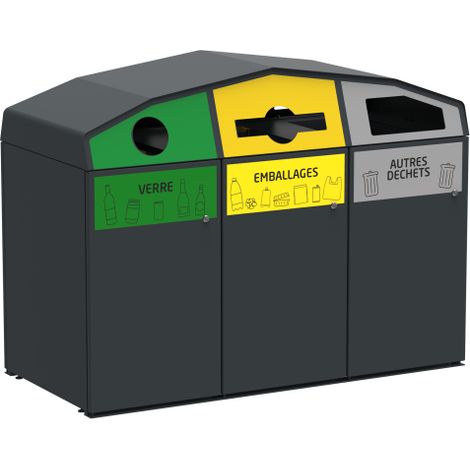 Point de tri sélectif Trirok, avec serrure - verre / emballages / autres déchets - 3 x 340l - anthracite mat - RAL 7016 (1/3)
