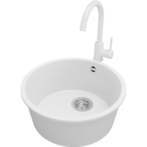 PRIMAGRAN Evier cuisine Granit Rond 46x46cm, Evier 1 bac + Robinet 32x20cm + Kit de Vidage, Lavabo Cuisine au meuble 50cm - La Valette Slim, Blanc (1/5)