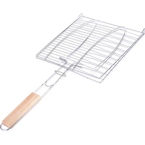 Grille de barbecue carrée épaisse et pratique en acier inoxydable avec manche en bois, idéale pour les pique-niques et les barbecues en plein air. (1/5)