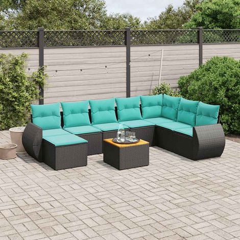 9-teiliges Gartensofa-Set mit Kissen, schwarzes Polyrattan (1/5)