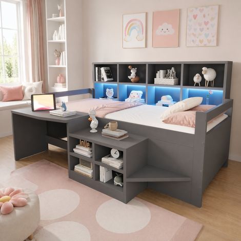Cama multifunción (204x146x100 cm), con escritorio, estantes y enchufes, madera y madera sintética gris (1/5)
