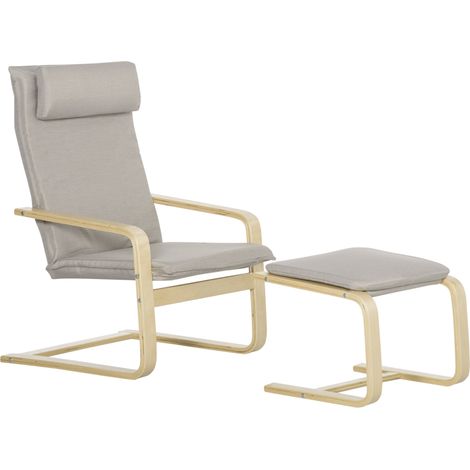 HOMCOM Poltrona Design Legno e Tessuto con Pouf Poggiapiedi e Poggiatesta Grigio