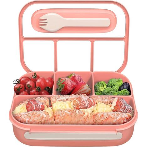 1000 ml Bento-Lunchbox mit vier Fächern, inklusive Löffeln, auslaufsicher, für Schule, Arbeit und Reisen, BPA-frei - Crezuo