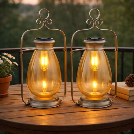 LED Solarleuchte Laterne Außenlampe Gartendeko Balkonlampe, Metall Glas amber silber, Akku IP44 Wetterfest, 3000K warmweiß, H 36,5 cm, 2er Set